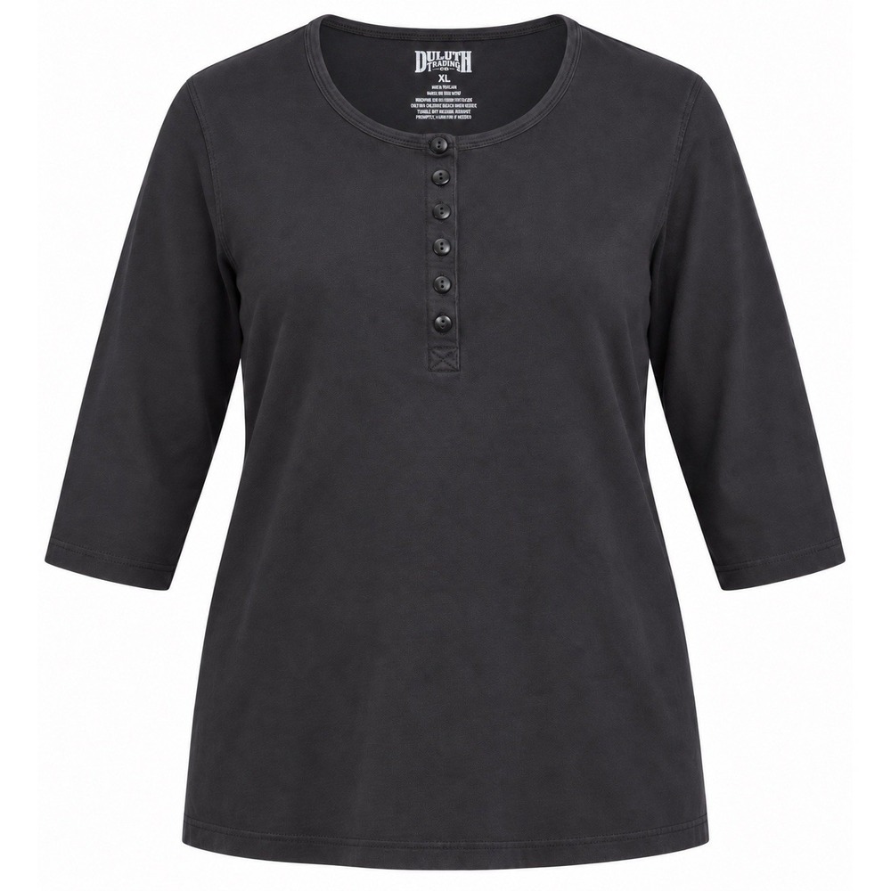 DULUTH TRADING CO. Womens Sz XL Black Longtail T Henley 3/4 Sleeve Top Shirt